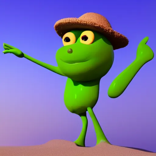 Image similar to 3 d render, of anthropomorphic green lemon character, with lemon skin texture, he is wearing a hat, building a sandcastle on the beach at sunset, beach, huge waves, sun, clouds, long violet and green trees, rim light, cinematic photography, professional, sand, sandcastle, volumetric lightening