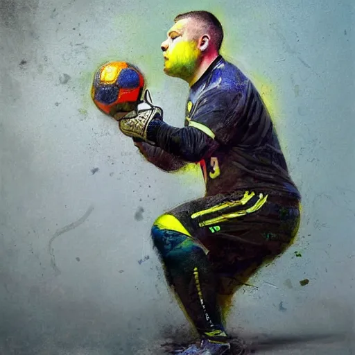 Image similar to A realistic hyperdetailed multi-colored digital oil full body portrait painting of an obese goal keeper on his knees holding a soccer ball up to the sky in the style of Guy Denning, Ruan Jia, and Craig Mullins. Trending on ArtStation and DeviantArt. CGSociety Digital art.