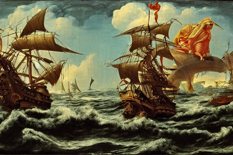 Image similar to A Kraken attacks a ship, Hans Savery the Elder (1626), oil on canvas, detailed brushstrokes
