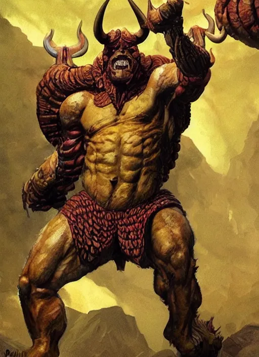 Image similar to horned humanoid with huge veined muscular arms wearing coloured medieval costume, fluid, smooth, organic, crazy, high contrast, sharpness, dramatic, by greg rutkowski and siudmak and richard corben and moebius