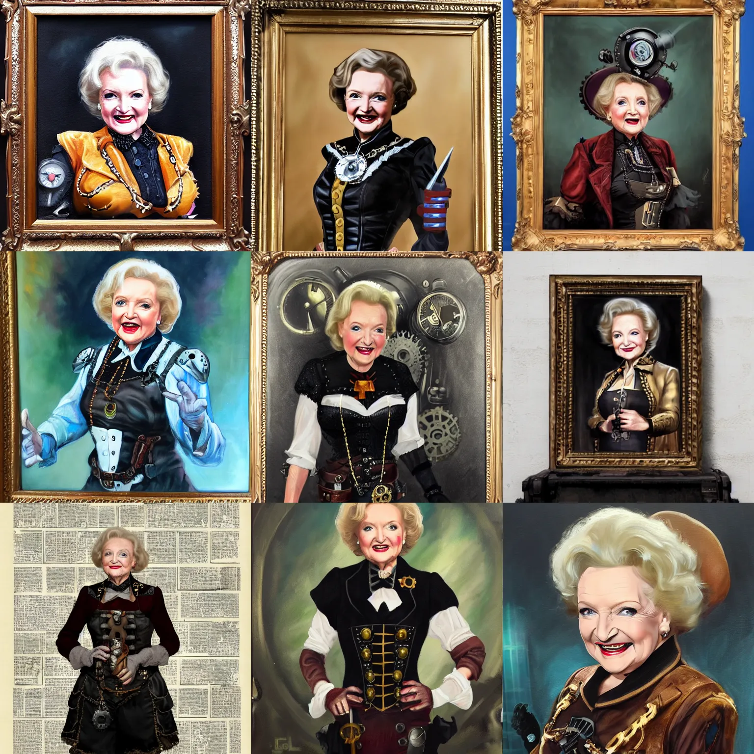 Prompt: betty white in a steampunk cosplay uniform, oil painting, dark imagery