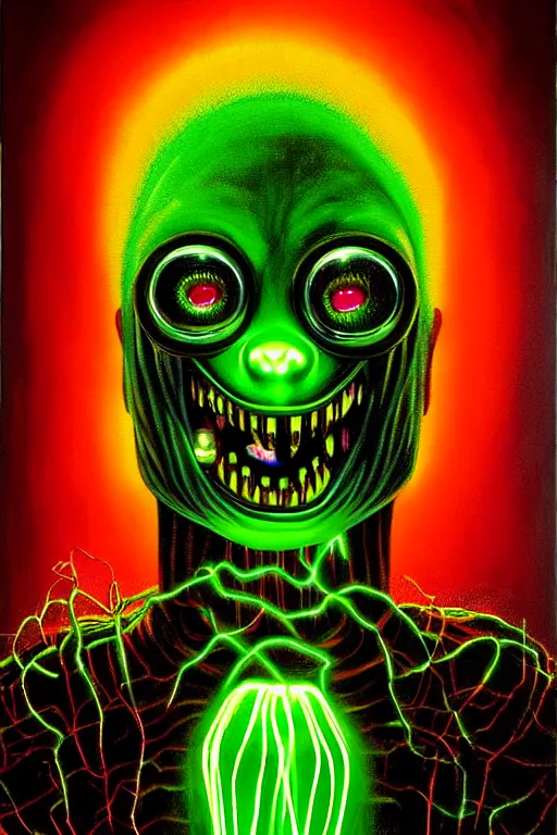 Image similar to a hyperrealistic painting of an electricity creature specter high voltage horror, glowing in the mansions lobby, cinematic horror by chris cunningham, lisa frank, richard corben, highly detailed, vivid color,