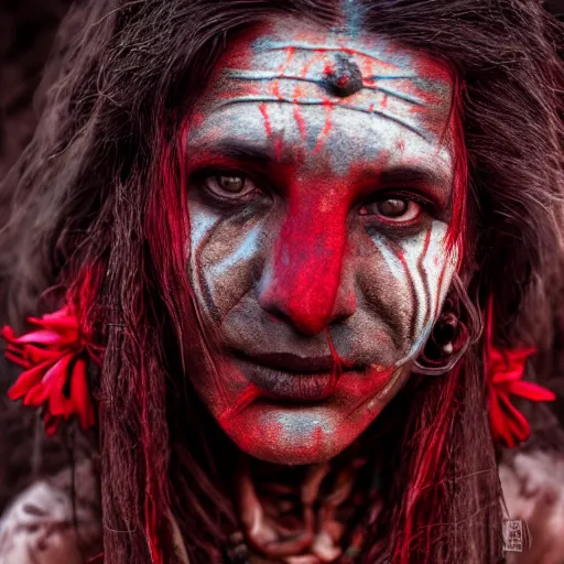 Image similar to 3 5 mm coloured film portrait of strange female aghori sadhu covered in ash creature, hyperrealism, celestial red flowers vibe, photorealistic, detailed, atmospheric, 8 k, award winning photography, cinematic