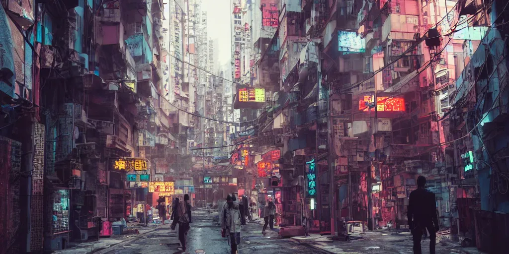 Image similar to a cyberpunk hong kong alley with robots and humans walking around by seerlight