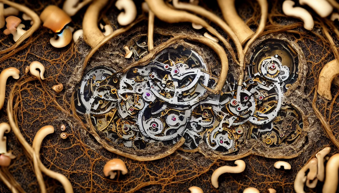 Prompt: detailed view from inside a clockwork watch, entangled roots covered in mushrooms, cracked earth, living microorganisms, decaying, hyper realistic photo, full colour, upscale, 8 k