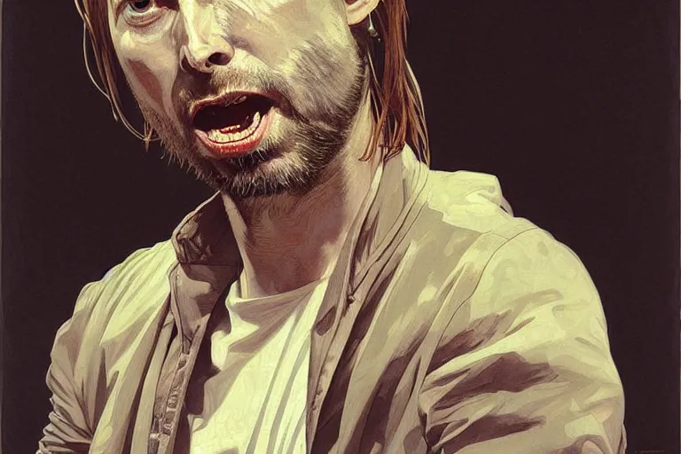 Image similar to hyper realistic portrait of wider face thom yorke on stage, by lee bermejo, alphonse mucha and greg rutkowski