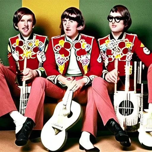 Image similar to 1 9 6 0 s photograph of a 4 piece white male psychedelic rock band in peppermint themed sailor outfits posing with instruments in a set that resembles sgt. pepper's lonely hearts club band