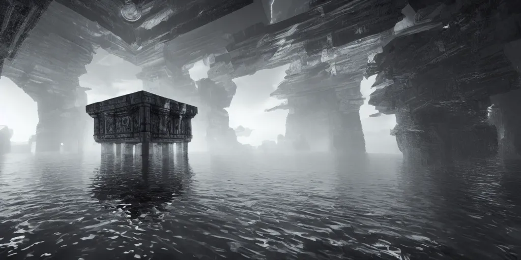 Image similar to floating water temple inside a void, unreal engine, high contrast, kelly freas