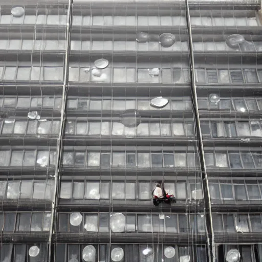 Image similar to giant inflatable bubbles emerging out of the facade of a 1960’s office building’s windows. Inside the bubbles is scaffold that holds a floor with furniture and people. The inflatable is made out of clear plastic sheeting. Ultrarealistic, vray, 8k, cinematic.