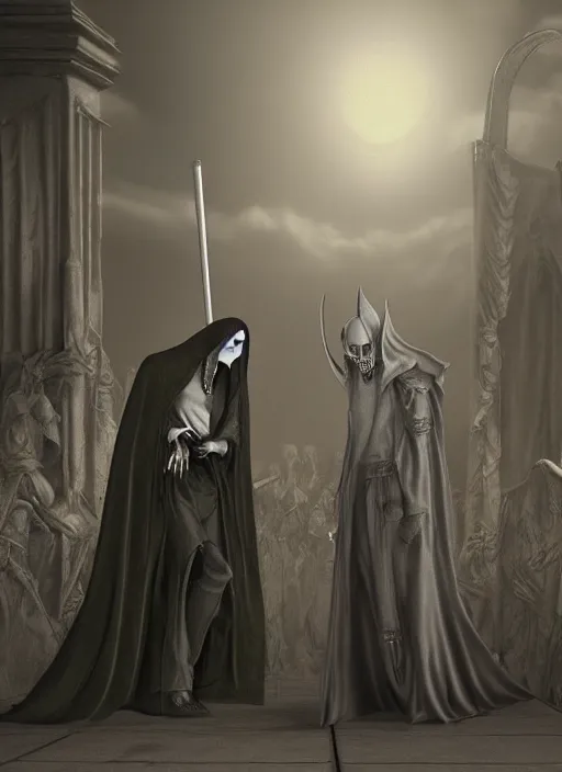 Prompt: the grim reaper meetup with dracula. gustave dore and anne stokes, highly detailed, octane render