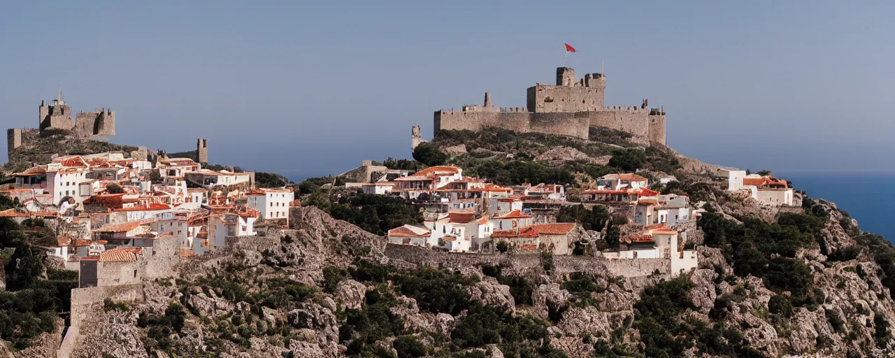 Image similar to 35mm photo of the Spanish castle of Salobrena on the top of a large rocky hill overlooking a white Mediterranean town, white buildings with red roofs, ocean and sky by Gregory Crewdson