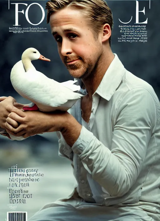 Prompt: ryan gosling fused with a white goose, bird with arms, natural light, bloom, detailed face, magazine, press, photo, steve mccurry, david lazar, canon, nikon, focus