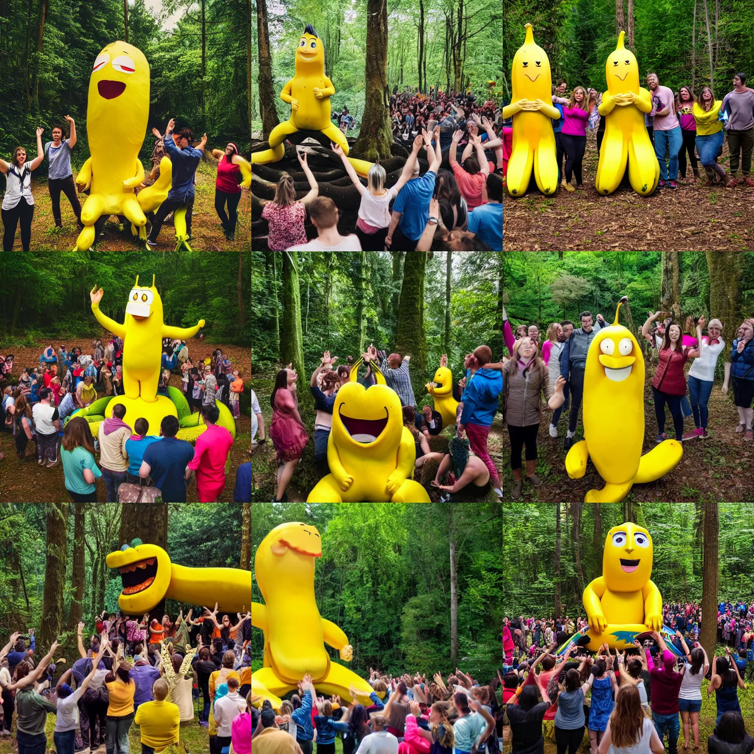 Prompt: photograph of a group of people worshipping a giant bananaman in the forest