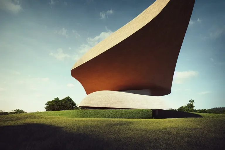 Prompt: wood house inspired by Oscar Niemeyer, matte painting, cinematic composition, hyper realistic, highly detailed, concept art, low key lighting, high dynamic range, depth of field, moment cinebloom filter, cinematic color grade