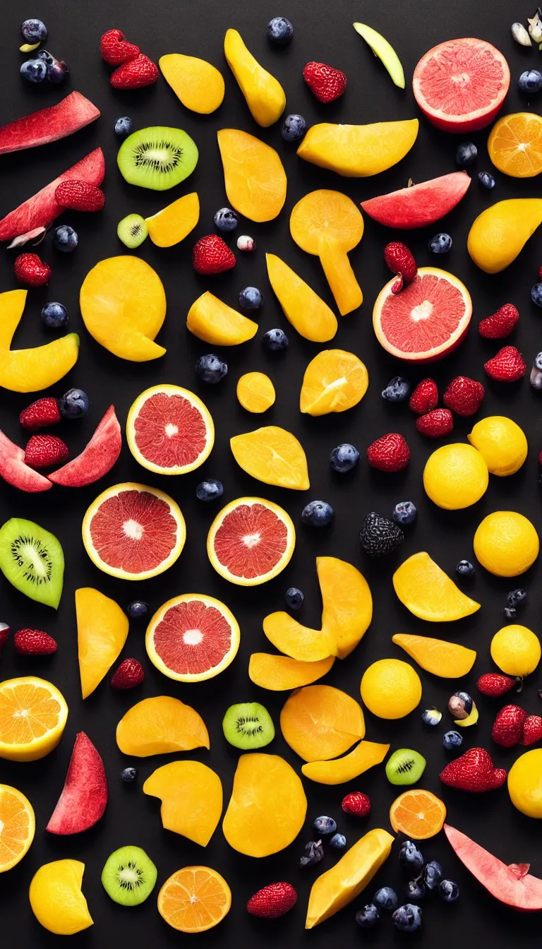 Prompt: product photography sliced fruits, volumetric dramatic light, dark black background, sharp focus, highly realistic, octane render, art by greg rutsowski