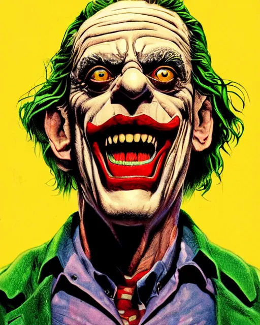 Image similar to christopher lloyd as the joker, big smile, grotesque, horror, high details, bright colors, striking, intricate details, by vincent di fate, artgerm julie bell beeple, 1 9 8 0 s, inking, vintage 8 0 s print, screen print