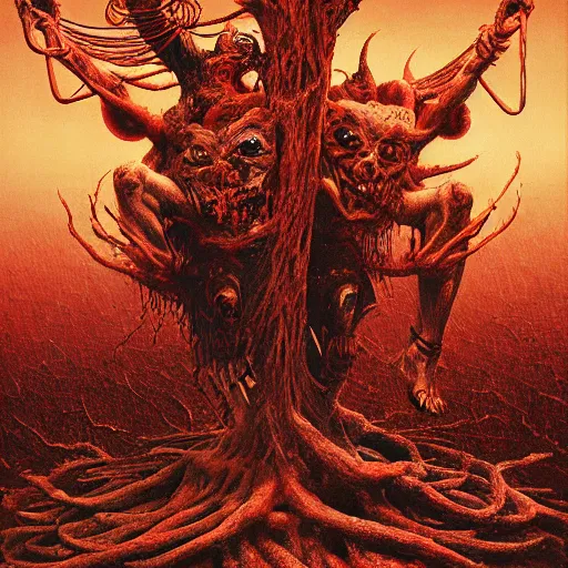 Prompt: two demons dance ballet in hell with ethernet cables!!! wrapped around their arms, trees burn! beksinski, dariusz zawadzki, very coherent symmetrical artwork. cinematic, hyper realism, high detail, octane render, 8 k