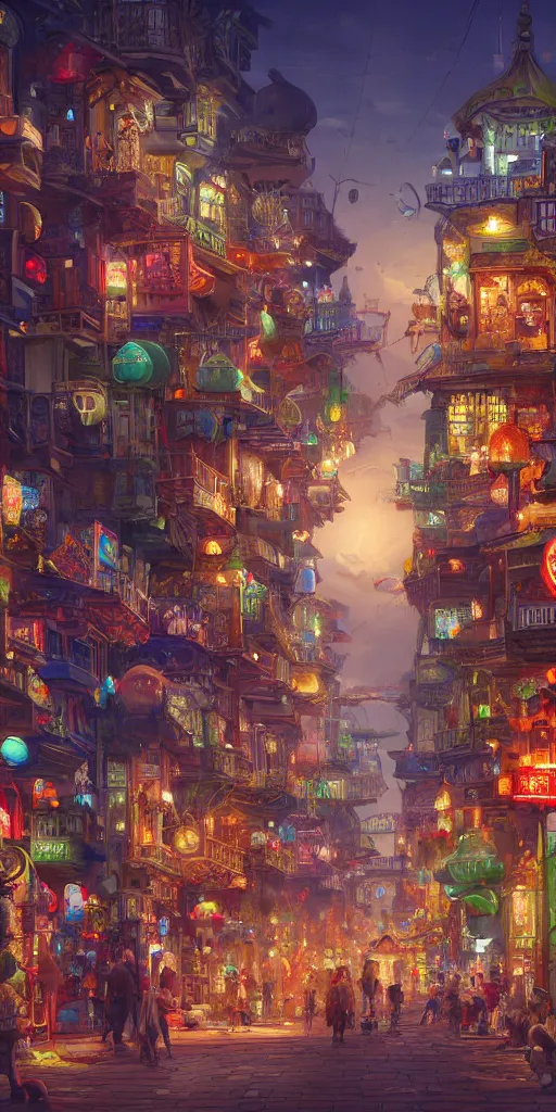 Image similar to Street view of a magical eastern civilization at day, built around ocean, full with people, a lot of lights, huge architectures. Trending on artstation