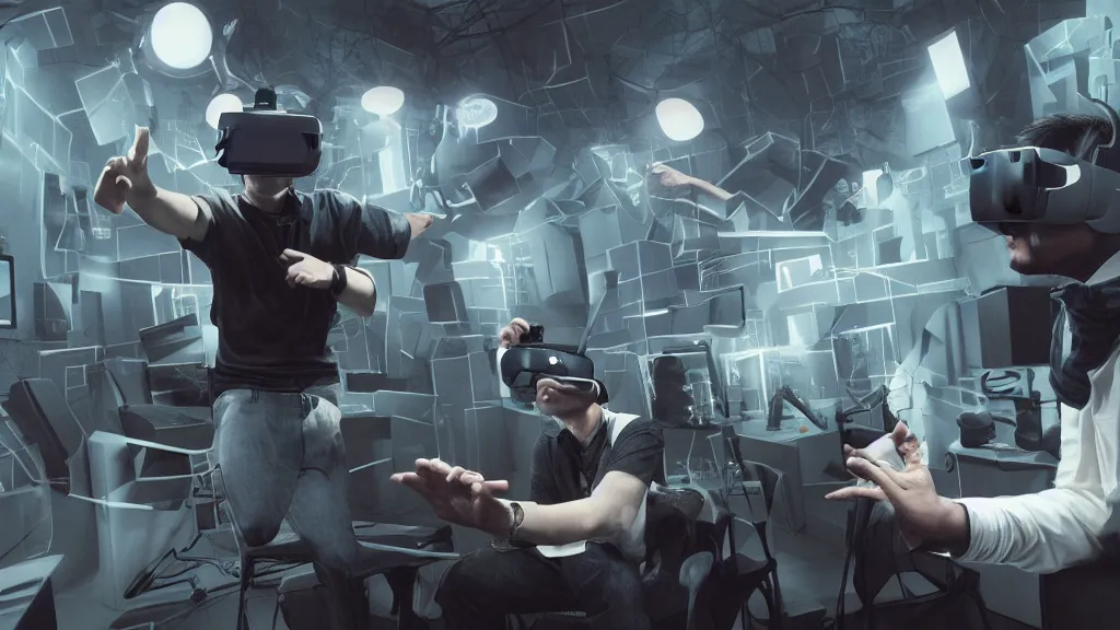 Prompt: a man gets caught in a perpetual 3 d virtual reality, three point lighting, by yuumei, bayard wu, wlop, tim white, ross tran, 4 k