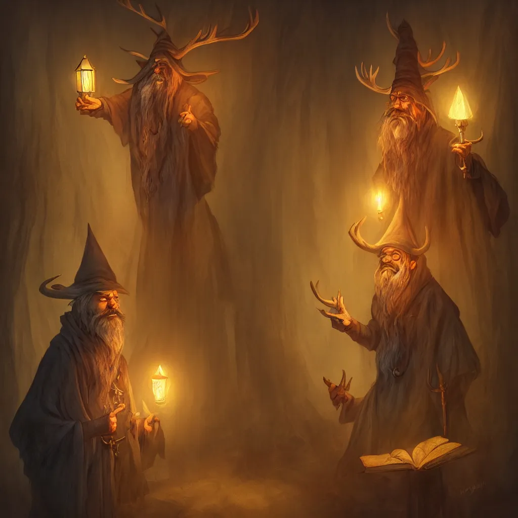 Prompt: character design portrait of a moose wizard with a long white beard in a magic cloak and magic hat, in the background an old attic full of magic scrolls and old books, matte painting, fantasy illustration, warm lantern light, dusty atmosphere