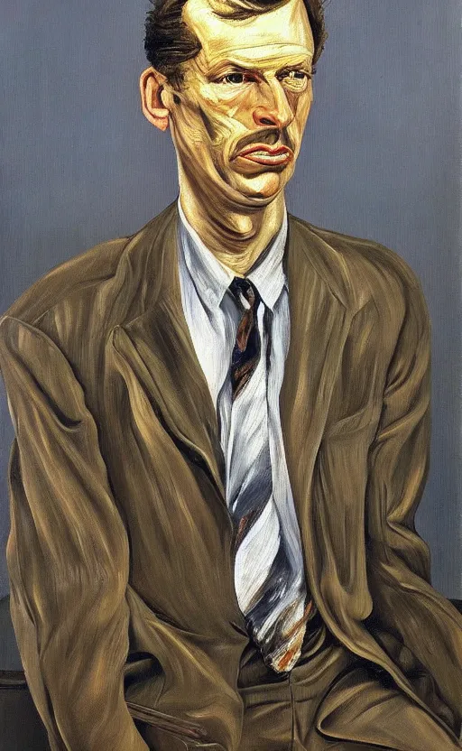 Prompt: Oil painting Portrait of a man in a business suit by Lucian Freud, Abstract brush strokes, Masterpiece