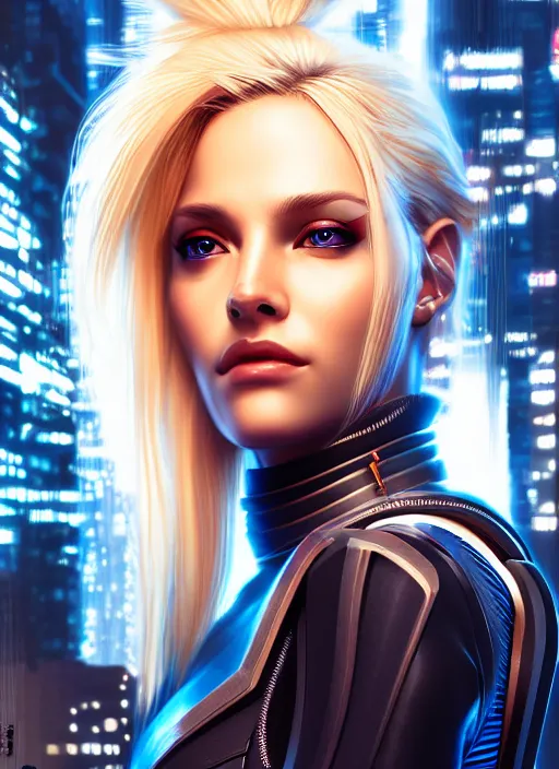 Image similar to photo of a gorgeous blonde female in cyberpunk city, realistic, sharp focus, 8 k high definition, insanely detailed, intricate, elegant, artgerm, greg kutkowski, high contrast dramatic lighting