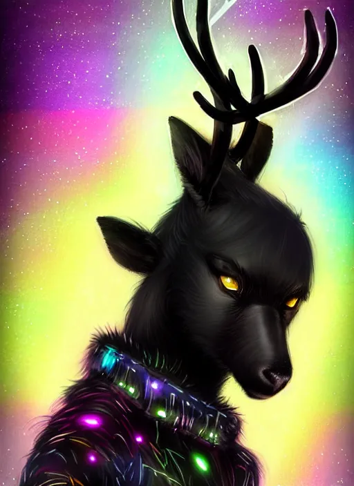 Image similar to award winning beautiful portrait commission of a male furry anthro Black Reindeer cyberpunk fursona with a tail, wings, wings, wings and a cute beautiful attractive detailed furry face wearing stylish black and rainbow galaxy clothes, outline, in a cyberpunk city at night while it rains. Character design by charlie bowater, ross tran, artgerm, and makoto shinkai, detailed, inked, western comic book art