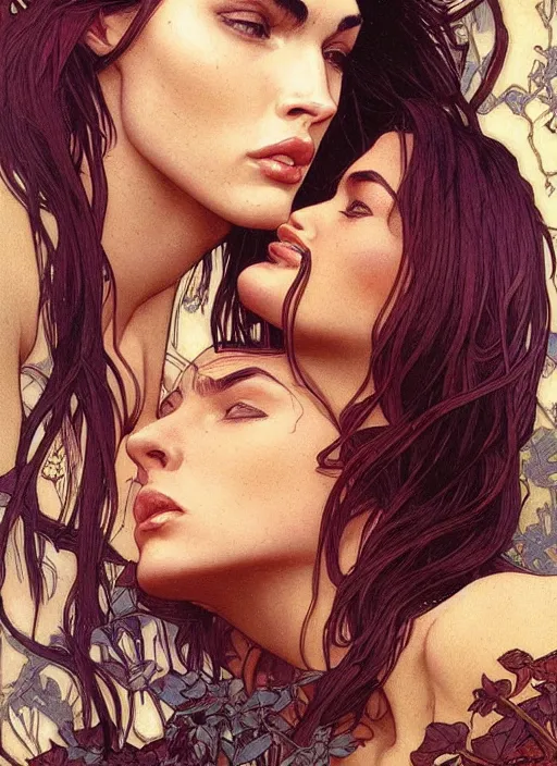 Prompt: megan fox kissing olivia wild. beautiful detailed face. by artgerm and greg rutkowski and alphonse mucha