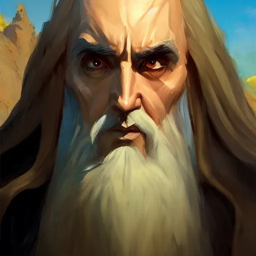 Image similar to greg manchess portrait painting of saruman as overwatch character, medium shot, asymmetrical, profile picture, organic painting, sunny day, matte painting, bold shapes, hard edges, street art, trending on artstation, by huang guangjian and gil elvgren and sachin teng