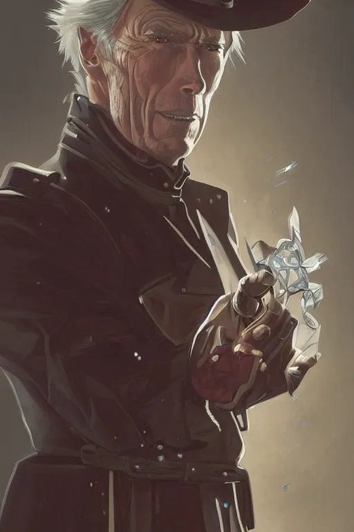 Image similar to clint eastwood as full metal alchemist, portrait, western, duster, fantasy, intricate, elegant, highly detailed, digital painting, artstation, concept art, sharp focus, illustration, art by artgerm and greg rutkowski and alphonse mucha