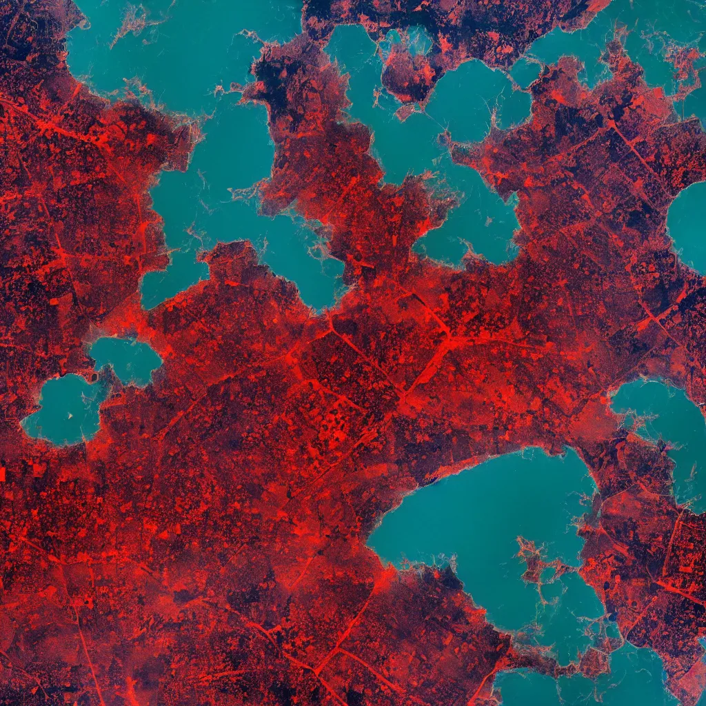 Prompt: a very polluted landscape seen by sentinel or landsat satellite during the night with very high lights and urban sediment and red ocean and rivers, photorealistic, high resolution, best quality