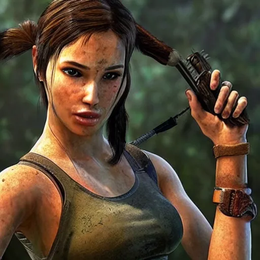 Image similar to hey ai use your best to give me beautiful lara croft wearing batik!