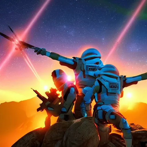 Image similar to Two aliens engaged in battle on a mountaintop, in front of a giant sunset with two suns, cool neon colors, cell shaded