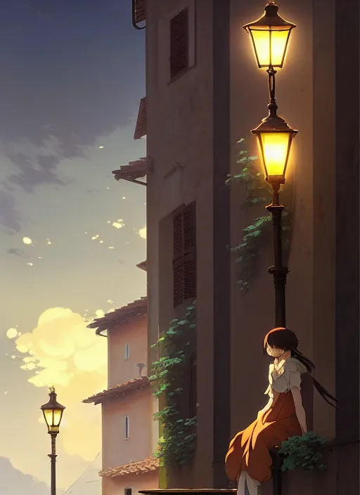 Prompt: florence italy in 1 8 2 0, a nightingale bird sits on a lamp - post at dawn, flowers in window boxes, finely detailed perfect art, gapmoe yandere grimdark, trending on pixiv fanbox, painted by greg rutkowski makoto shinkai takashi takeuchi studio ghibli