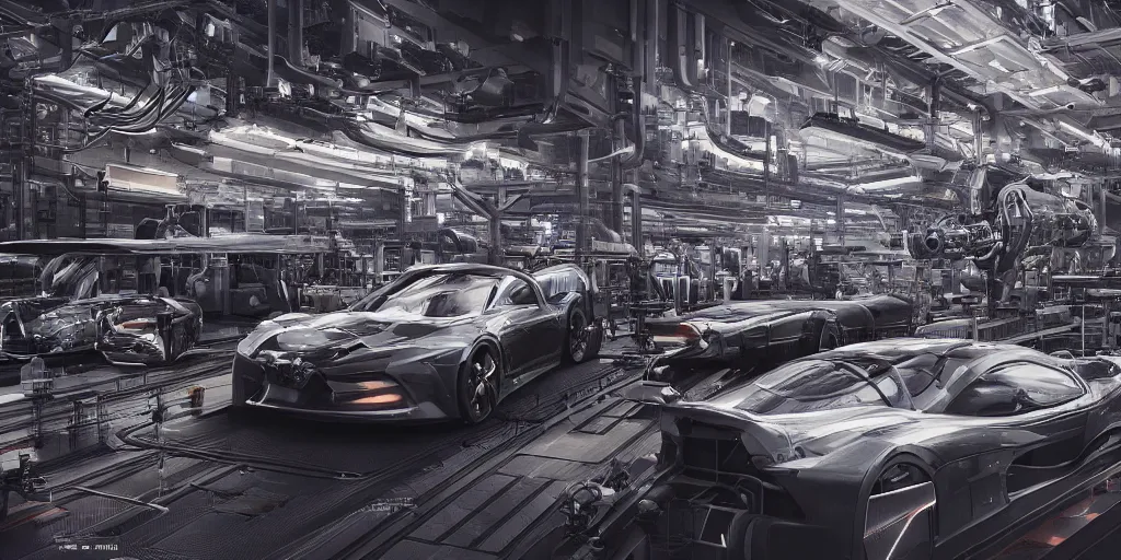 Image similar to carbon fiber automobile production line of hydrogen power energy, science fiction, beautiful, cinematic lighting, intricate details, octane rendering, trending on artstation, featured on behance.
