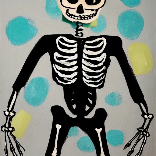 Image similar to smiling skeleton with puffy blue jacket and black shorts, painting