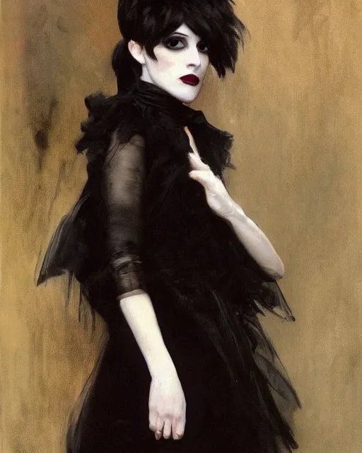 Image similar to A goth portrait painted by John Singer Sargent. Her hair is dark brown and cut into a short, messy pixie cut. She has a slightly rounded face, with a pointed chin, large entirely-black eyes, and a small nose. She is wearing a black tank top, a black leather jacket, a black knee-length skirt, a black choker, and black leather boots.