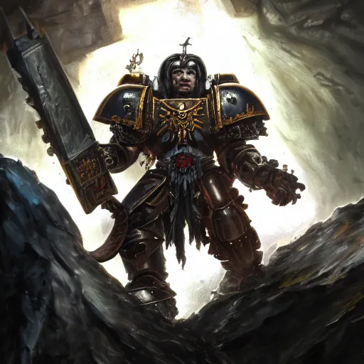 Image similar to Portrait of Warhammer 40k Primarch named Lech Wałęsa, intimidating, strong, Warhammer 40k, brown eyes, dark science fiction, intricate, highly detailed, digital painting, trending on artstation, concept art, slightly smooth, sharp focus, darker colors, RPG rulebook illustration, art by Raymond Swanland