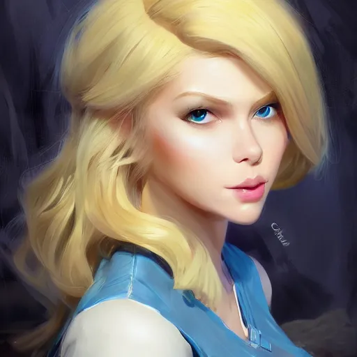 Prompt: portrait of beautiful girl with blond hair and blue eyes, League of Legend illustration by Sam Youn:1, profile picture by Gil Elvgren:2, Krenz Cushart:2, asymmetrical, Organic Painting, Ambient Occlusion:3, Matte Painting, bold shapes, hard edges, street art, trending on artstation, realistic:2 by Sachin Teng:5