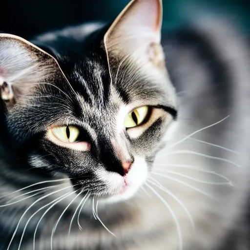 Prompt: A cat with metallic fur, hyperrealistic, bokeh, XF IQ4, f/1.4, ISO 200, 1/160s, 8K