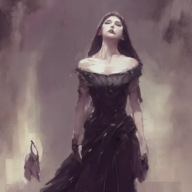 Prompt: a painting of a pale gothic girl in a beautiful dress by greg rutkowski, dark fantasy art, high detail, trending on artstation