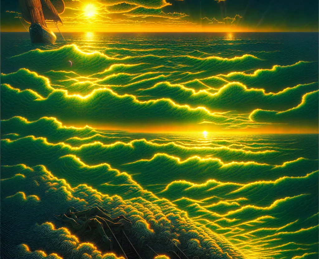 Prompt: the sun rising just above the horizon over the sea by dan mumford and vladimir kush and donato giancola and ted withers and peter driben and greg rutkowski and roberto ferri, green water, synthwave, retrowave, highly detailed, high contrast, intricate details, blended palette