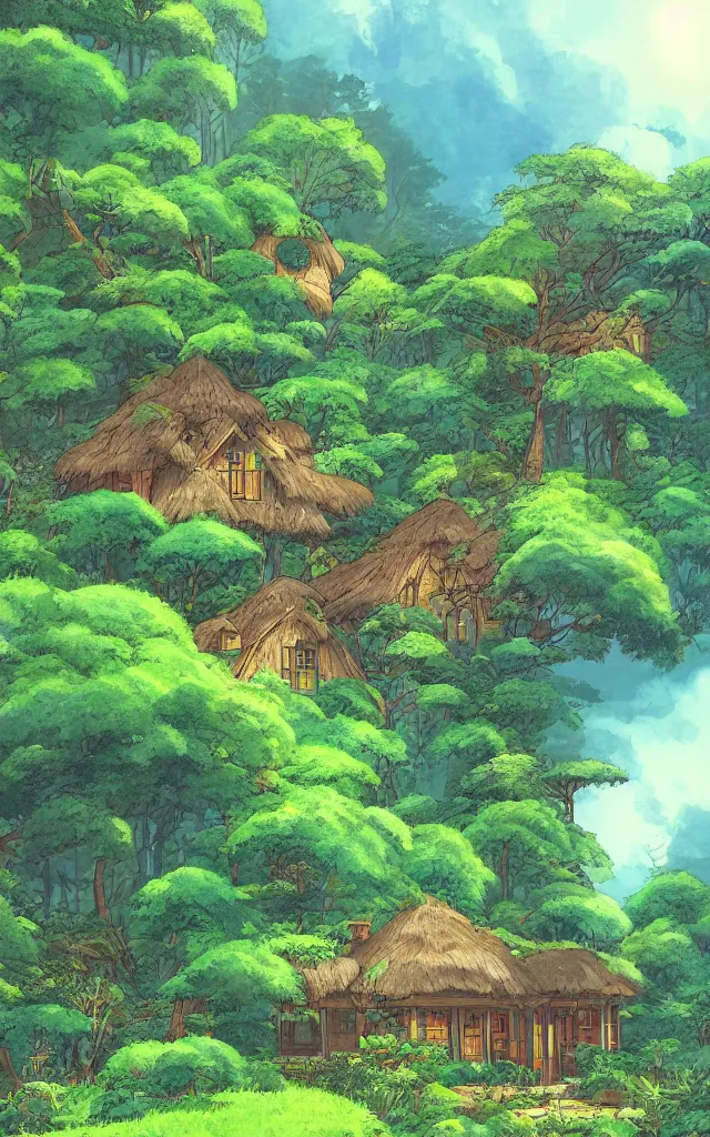 Image similar to Stunning cottage, solar, lush, forest, beautiful, by Studio Ghibli and Michael Kincade, artstation