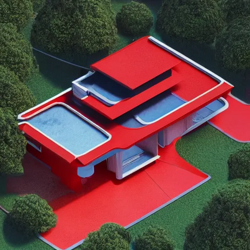 Prompt: futuristic flat roof red house with courtyard, on a hill surrounded by big trees, multiple moons, dramatic lighting, artstation, matte painting, raphael lacoste, simon stalenhag, frank lloyd wright, zaha hadid, drone view