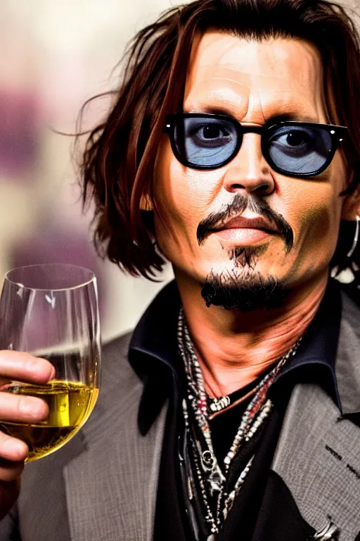 Prompt: still of johnny depp face ingrained on a large glass of wine