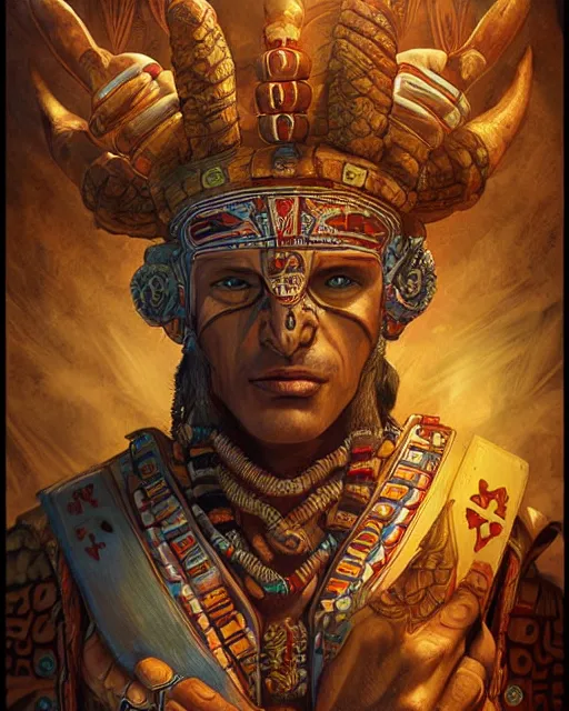 Image similar to digital painting of an aztec nagual by filipe pagliuso and justin gerard, symmetric, fantasy, detailed, intricate, sharp focus, tarot card, gwent