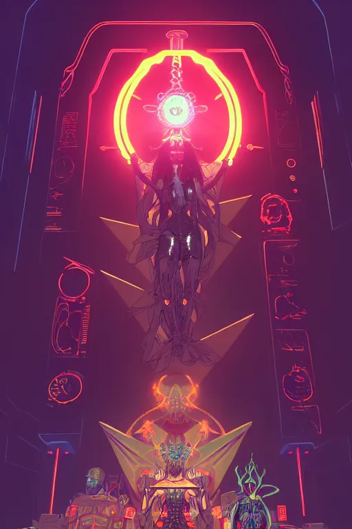 Image similar to cyberpunk blindfolded occultists worshipping a supernatural robot deity in a futuristic shrine, sci - fi concept art by bakaarts and darius puia and bartsy and sachin teng and pascal blanche and alphonse mucha and nekro and josan gonzalez, digital art, trending on artstation, 4 k, 8 k