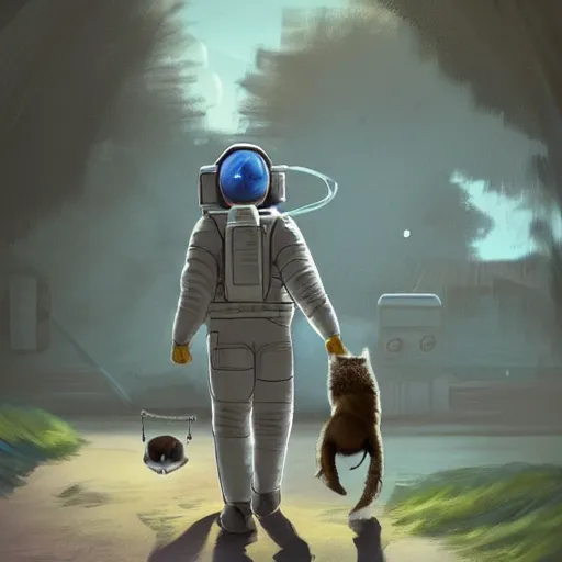 Prompt: an astronaut walking a racoon on a leash in a suburban neighbourhood, artstation, 4 k, epic composition, in the style of