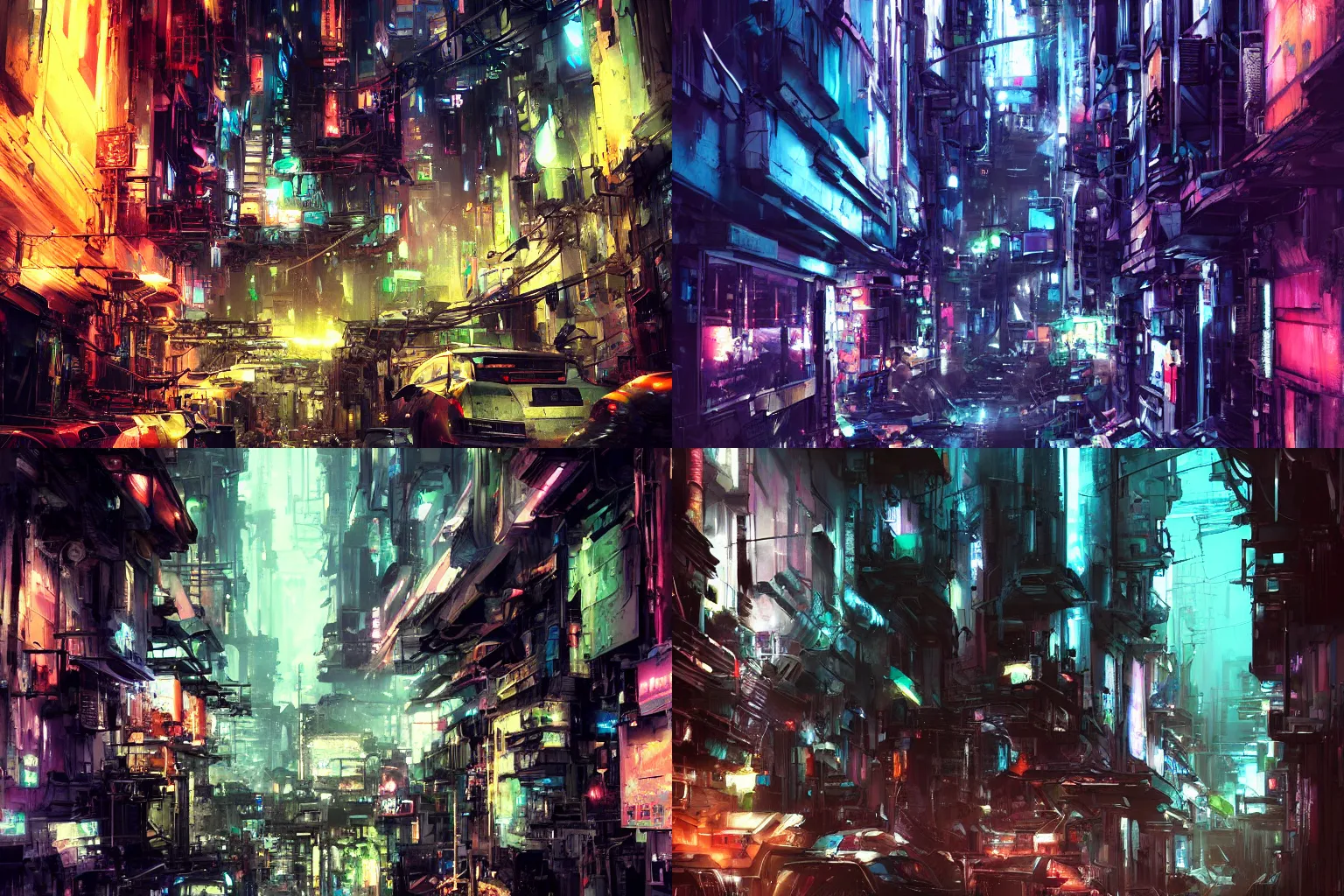 Prompt: concept art of an alley in a futuristic city by liam wong and john berkey, matte, neons, detailed, wide angle, atmospheric, cinematic