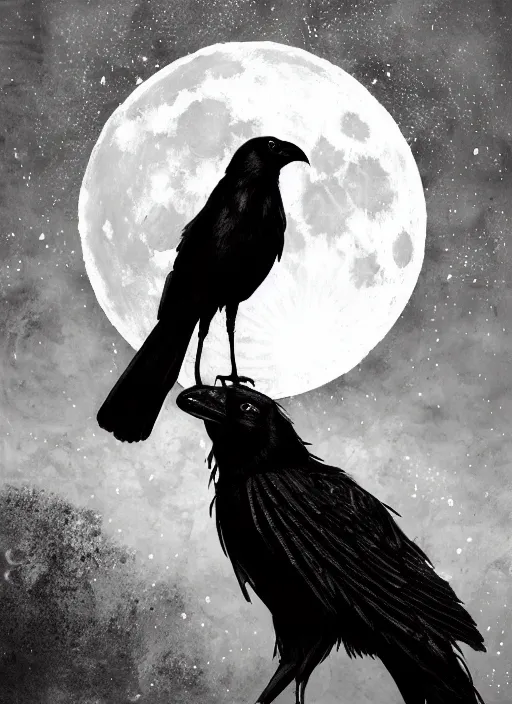 Image similar to portrait, A crow in front of the full big moon, book cover, red white and black colors, establishing shot, extremly high detail, foto realistic, cinematic lighting, pen and ink, intricate line drawings, by Yoshitaka Amano, Ruan Jia, Kentaro Miura, Artgerm, post processed, concept art, artstation, matte painting, style by eddie mendoza, raphael lacoste, alex ross